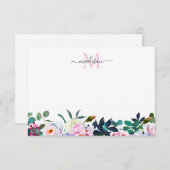 Chic Floral Blush Pink Botanic Monogram Mitteilungskarte (Vorne/Hinten)