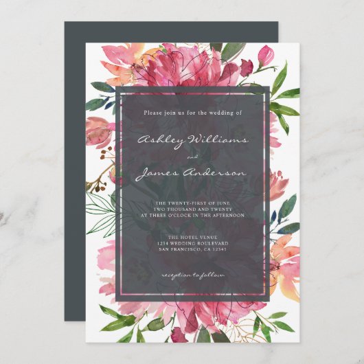 Chic Floral Botanical Boho Pink Peony Wedding Einladung (Vorne/Hinten)