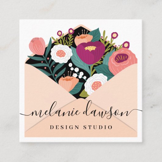 Chic Floral Botanical Garden Open Envelope Design Quadratische Visitenkarte (Vorderseite)