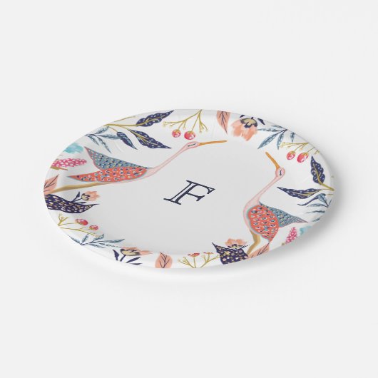 Chic Floral Botanical Monogram Stork Baby Shoounte Pappteller (Schrägansicht)