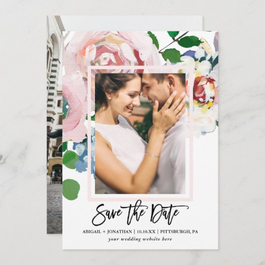 Chic Floral Bouquet mit Brush Script Zwei Fotos Save The Date (Vorne/Hinten)