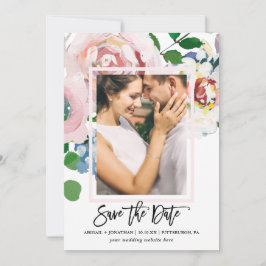 Chic Floral Bouquet mit Brush Script Zwei Fotos Save The Date