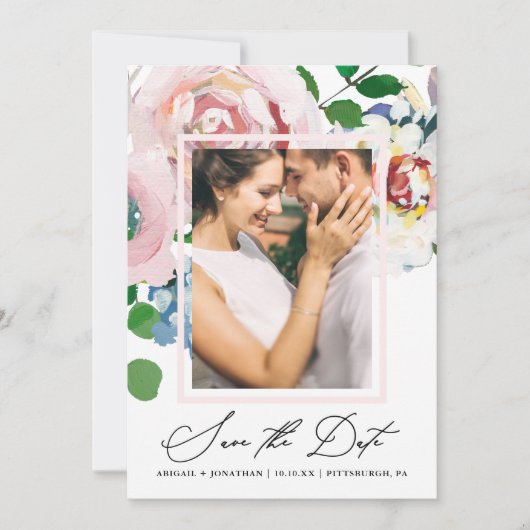 Chic Floral Bouquet und Frame Wasserfarbe Zwei Fot Save The Date (Vorderseite)