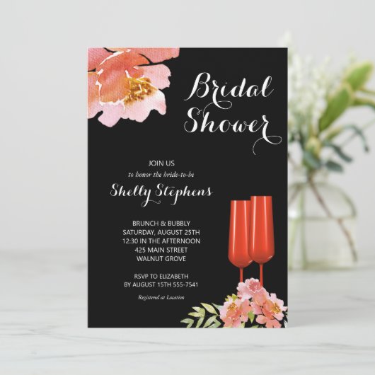 Chic Floral Brunch und Bubbly Brautparty Einladung (Stehend Vorderseite)
