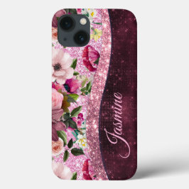 Chic floral Burgundy rosa lila Glitzer Monogramm Case-Mate iPhone Hülle
