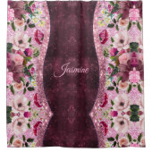 Chic floral Burgundy rosa lila Glitzer Monogramm Duschvorhang (Vorderseite)