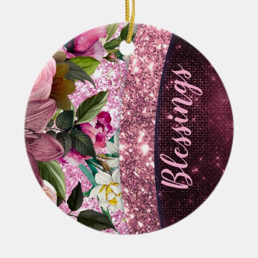 Chic floral Burgundy rosa lila Glitzer Monogramm Keramik Ornament (Vorne)
