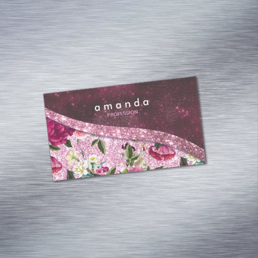 Chic floral Burgundy rosa lila Glitzer Monogramm Magnetische Visitenkarte (Beispiel)