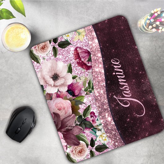 Chic floral Burgundy rosa lila Glitzer Monogramm Mousepad