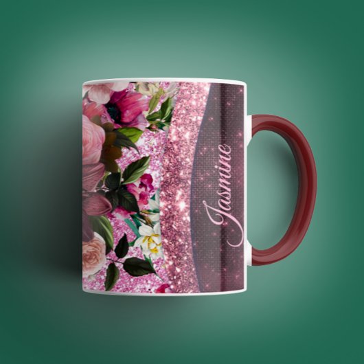 Chic floral Burgundy rosa lila Glitzer Monogramm Tasse