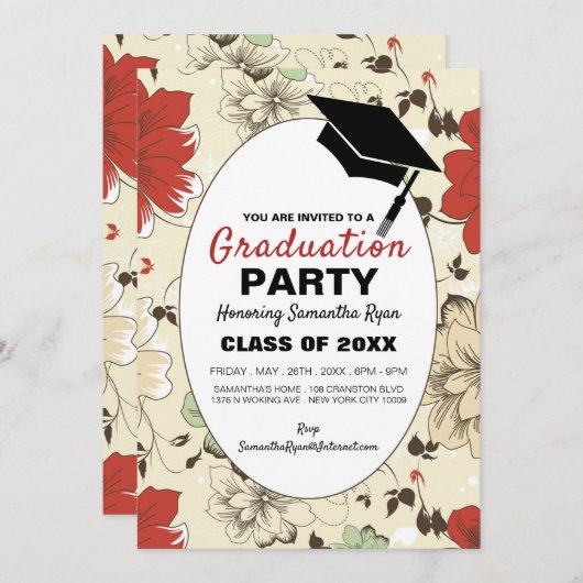 Chic Floral Cap, Graduiertenparty Einladung (Vorne/Hinten)