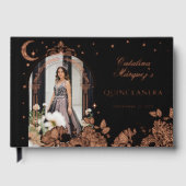 Chic Floral Celestial Moon Stars Foto Quinceañera Gästebuch (Vorderseite)