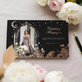 Chic Floral Celestial Moon Stars Foto Quinceañera Gästebuch