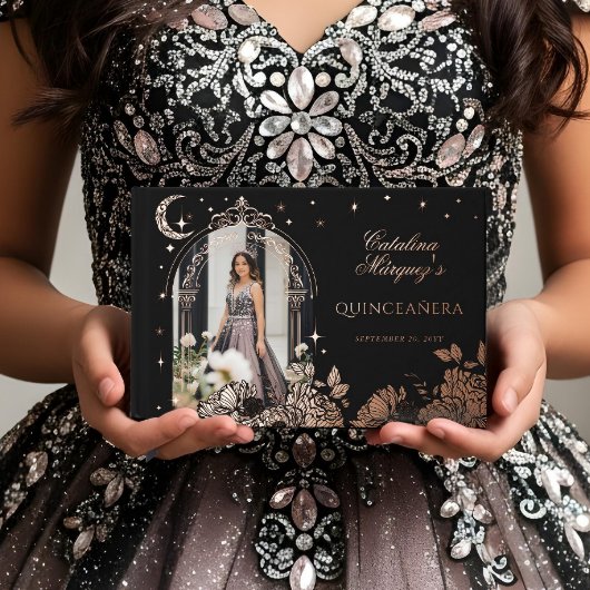 Chic Floral Celestial Moon Stars Foto Quinceañera Gästebuch