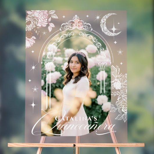 Chic Floral Celestial Moon Stars Photo Quinceanera Acrylschild (Neutral)