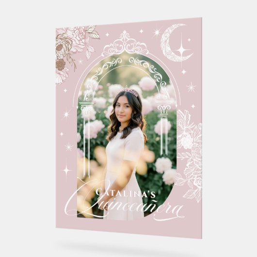 Chic Floral Celestial Moon Stars Photo Quinceanera Acrylschild (Winkel)