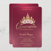 Chic Floral Crown Burgundy Quinceañera Einladung (Vorne/Hinten)