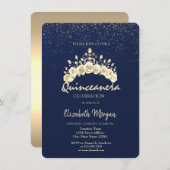 Chic Floral Crown Navy Blue Gold Quinceañera  Einladung (Vorne/Hinten)