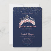 Chic Floral Crown Navy Blue Quinceañera  Einladung (Vorderseite)