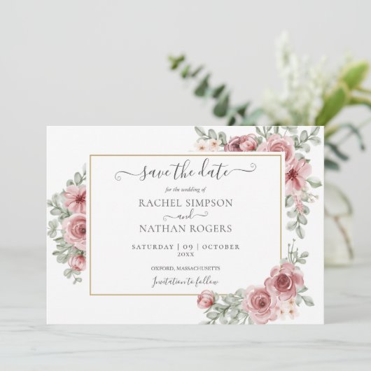Chic Floral Dusty Rose Foto Wedding Save The Date (Stehend Vorderseite)