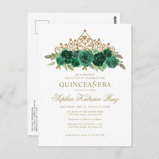 Chic Floral Emerald Green Gold Tiara Quinceañera Postkarte (Vorne/Hinten)