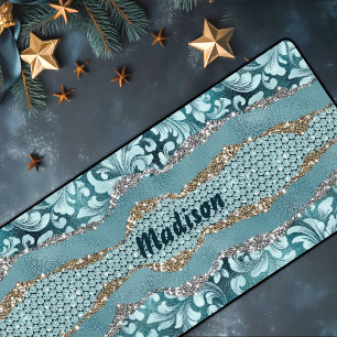 Chic floral glittergold Türkis aquamarines Monogra Schreibtischunterlage