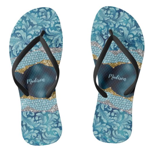 Chic floral glitterte Aquamarin Türkis Goldmonogra Badesandalen (Fußbett)