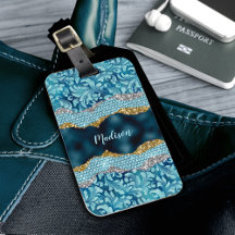 Chic floral glitterte Aquamarin Türkis Goldmonogra