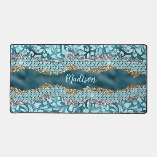 Chic floral glitterte Aquamarin Türkis Goldmonogra Schreibtischunterlage (Vorderseite)