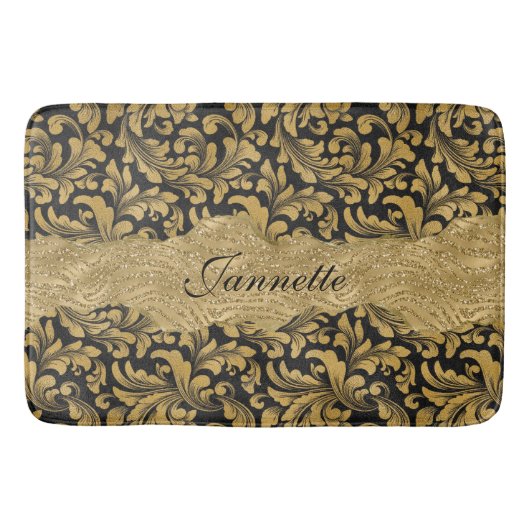 Chic Floral glitterte Imitate Black Gold Monogram Badematte (Vorderseite)