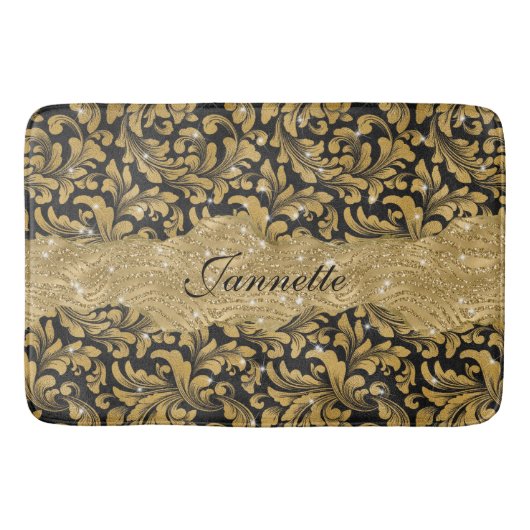 Chic Floral glitterte Imitate Black Gold Monogram Badematte (Vorderseite)