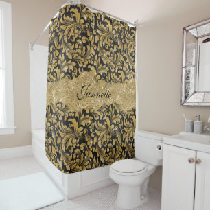 Chic Floral glitterte Imitate Black Gold Monogram Duschvorhang