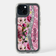 Chic floral glitterte Lila rosa silberne Monogramm