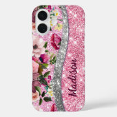 Chic floral glitterte Lila rosa silberne Monogramm Case-Mate iPhone Hülle (Rückseite)