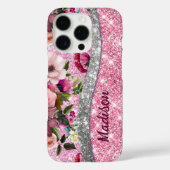 Chic floral glitterte Lila rosa silberne Monogramm Case-Mate iPhone Hülle (Rückseite)