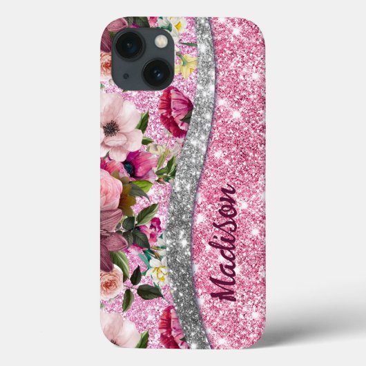 Chic floral glitterte Lila rosa silberne Monogramm Case-Mate iPhone Hülle (Rückseite)