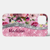 Chic floral glitterte Lila rosa silberne Monogramm Case-Mate iPhone Hülle (Rückseite (Horizontal))