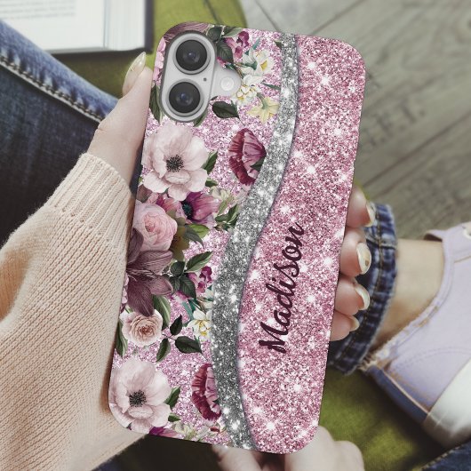 Chic floral glitterte Lila rosa silberne Monogramm Case-Mate iPhone Hülle