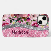 Chic floral glitterte Lila rosa silberne Monogramm Case-Mate iPhone Hülle (Rückseite (Horizontal))