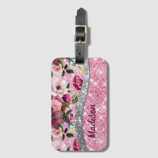 Chic floral glitterte Lila rosa silberne Monogramm Gepäckanhänger (Vorderseite Vertikal)