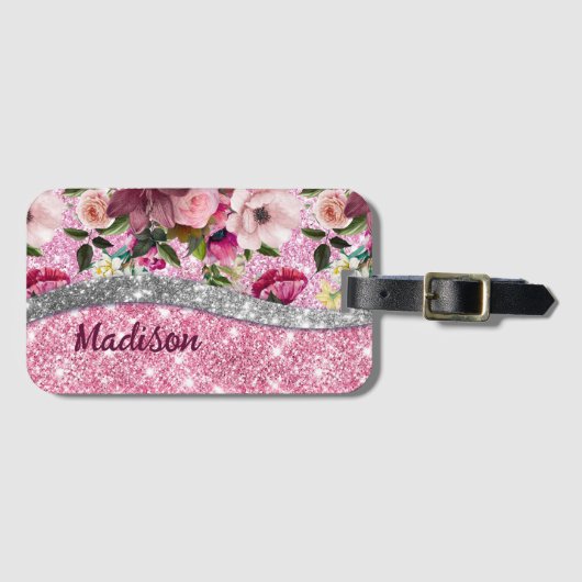 Chic floral glitterte Lila rosa silberne Monogramm Gepäckanhänger (Vorderseite (Horizontal))