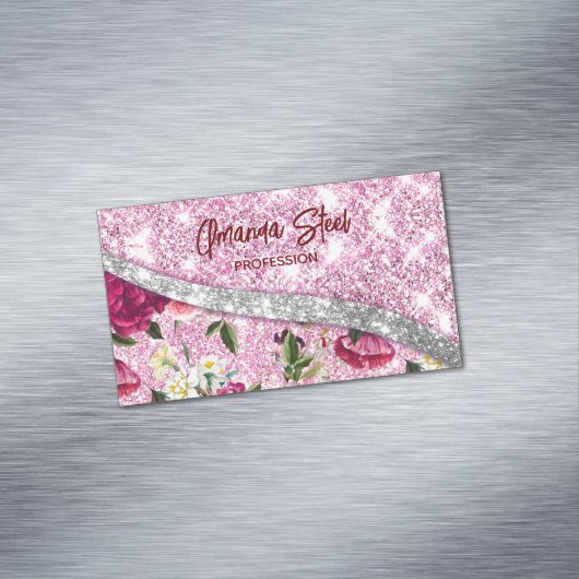 Chic floral glitterte Lila rosa silberne Monogramm Magnetische Visitenkarte (Beispiel)