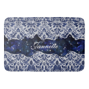 Chic floral glittery Navy Blue Silver Monogram Badematte