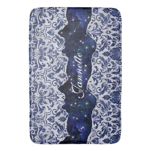 Chic floral glittery Navy Blue Silver Monogram Badematte (Vorderseite Vertikal)