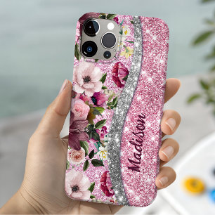 Chic floral glitzernde lila rosa silberne Monogram Case-Mate iPhone Hülle