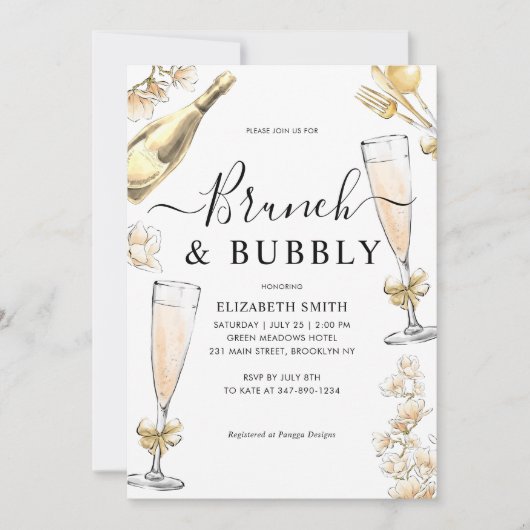 Chic Floral Gold Brunch und Bubbly Brautparty Einladung (Vorderseite)