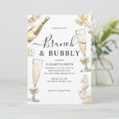 Chic Floral Gold Brunch und Bubbly Brautparty Einladung (Stehend Vorderseite)