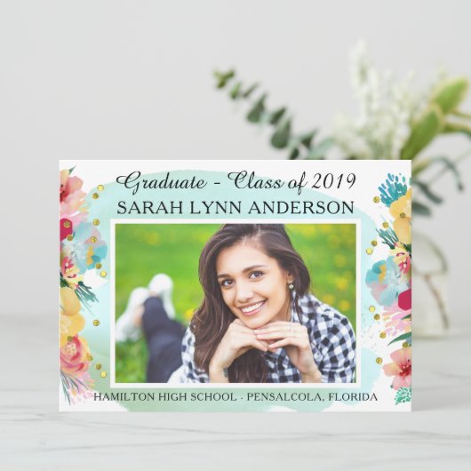 Chic Floral & Gold Glitzer Aquarell Abschluss Einladung (Stehend Vorderseite)