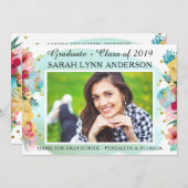 Chic Floral & Gold Glitzer Aquarell Abschluss Einladung (Vorne/Hinten)