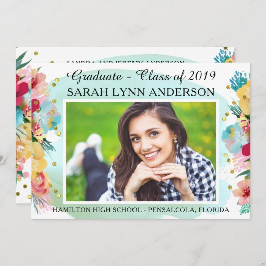 Chic Floral & Gold Glitzer Aquarell Abschluss Einladung (Vorne/Hinten)